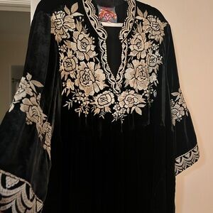 Johnny Was Black and Cream Floral Embroidered Dress-Neiman Marcus